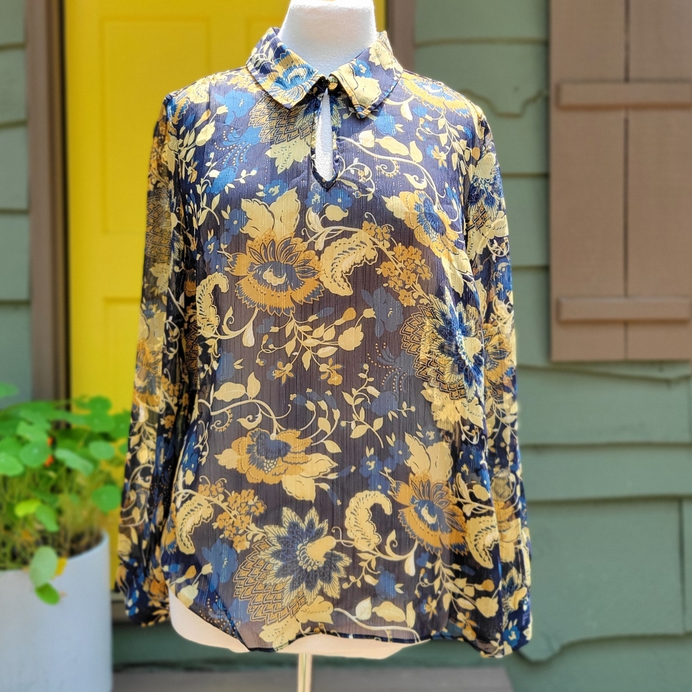 Boho Chic Soft Surroundings Keyhole Collar Button Up Blouse Size L
